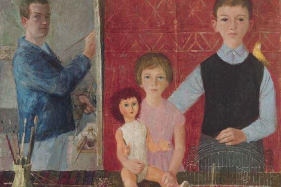 Janez Vidic, Avtoportret z družino, 1959, olje na platno, iz zbirke UGM