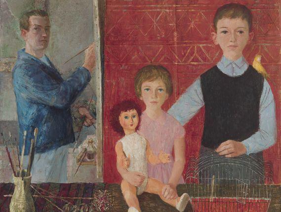 Janez Vidic, Avtoportret z družino, 1959, olje na platno