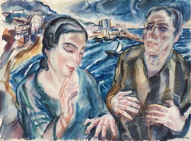 Jan Oeltjen, Par, Avtoportret z Elso Oeltjen, Kasimir, 1918, akvarel, (privatna last)