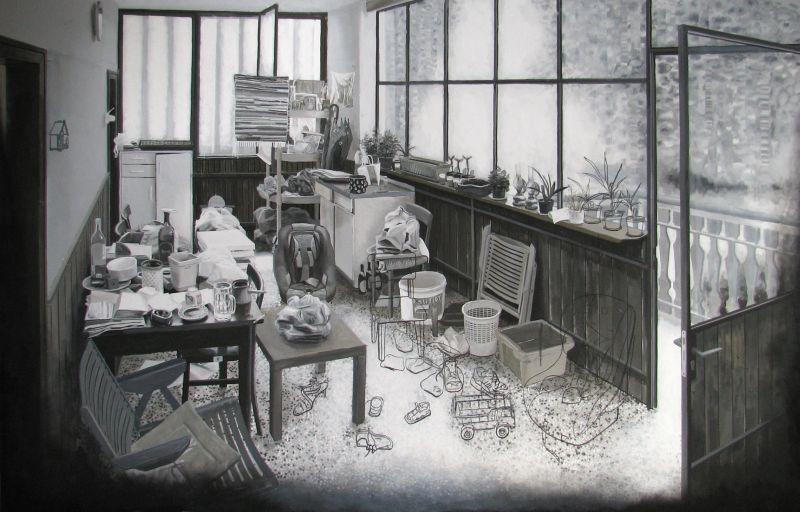 Uroš Potočnik: Veranda 1:1, 2008 - 2009, Grafit, pigment, akrilna emulzija na bombažnem platnu